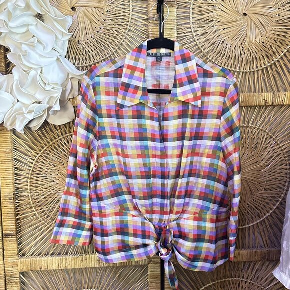 Lafayette NY128 Checkered Silk Blend Faux Wrap Blouse Size 16 - Picture 1 of 6